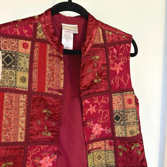 Patchwork Sleeveless Vest Asian Inspired Bohemian Red Artsy Romantic Small - Picture 4 of 8